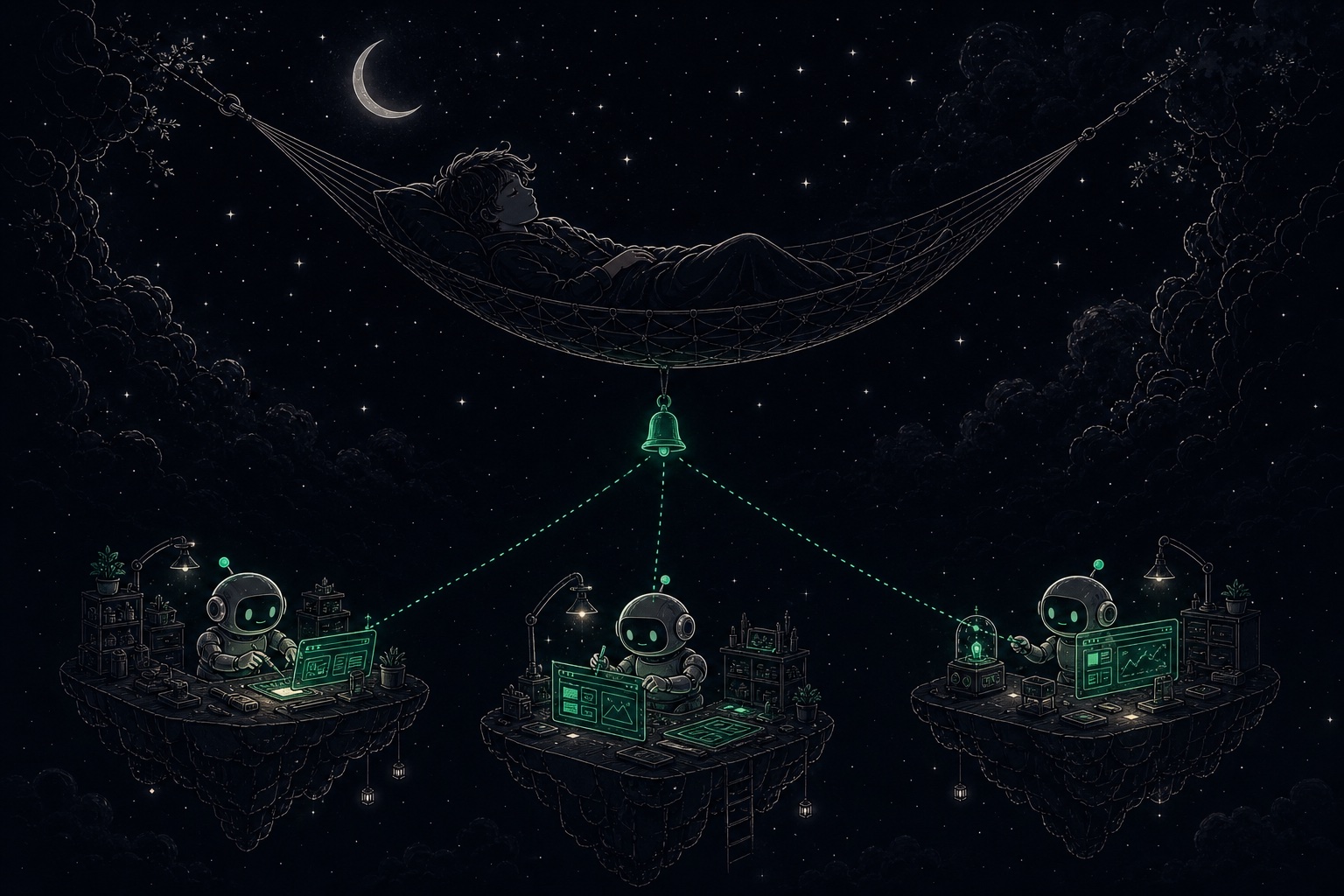 Ilustración: una persona duerme en una hamaca entre las estrellas mientras tres islas de trabajo flotantes con robots construyen y prueban interfaces, conectadas a una campana